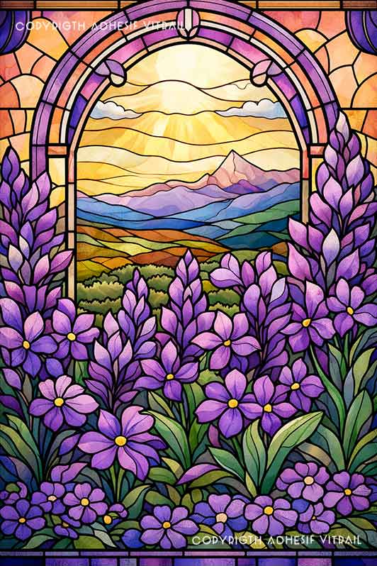 Film adhésif décoratif autocollant d’inspiration vitrail représentant un paysage de montagne encadré par une arche vitrée et des fleurs violettes, ambiance lumineuse et naturelle, idéal pour fenêtre.