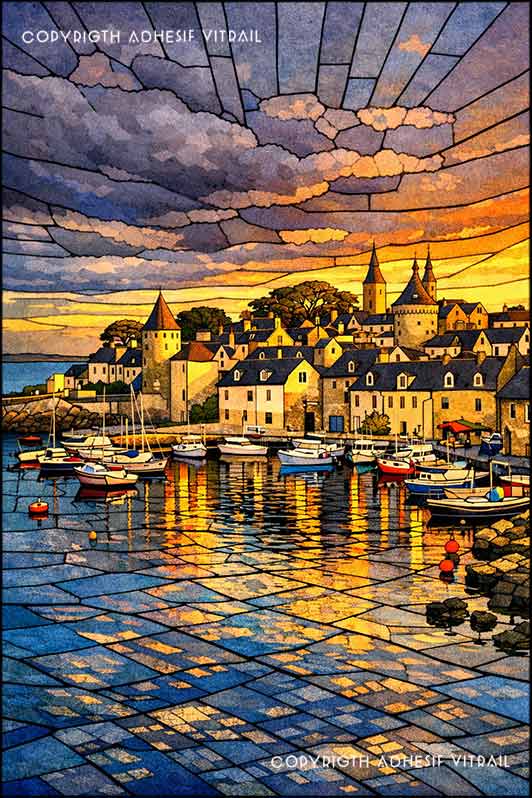 Film adhésif décoratif autocollant d’inspiration vitrail représentant un port ancien avec bateaux et village au coucher du soleil, décor marin pour vitrage.