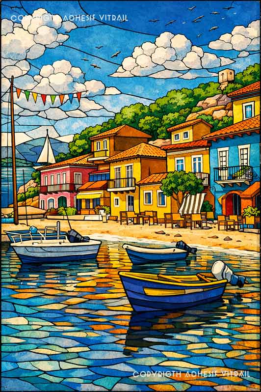 Film adhésif décoratif autocollant d’inspiration vitrail représentant un port aux maisons colorées et barques sur l’eau, décor bord de mer pour vitrage.