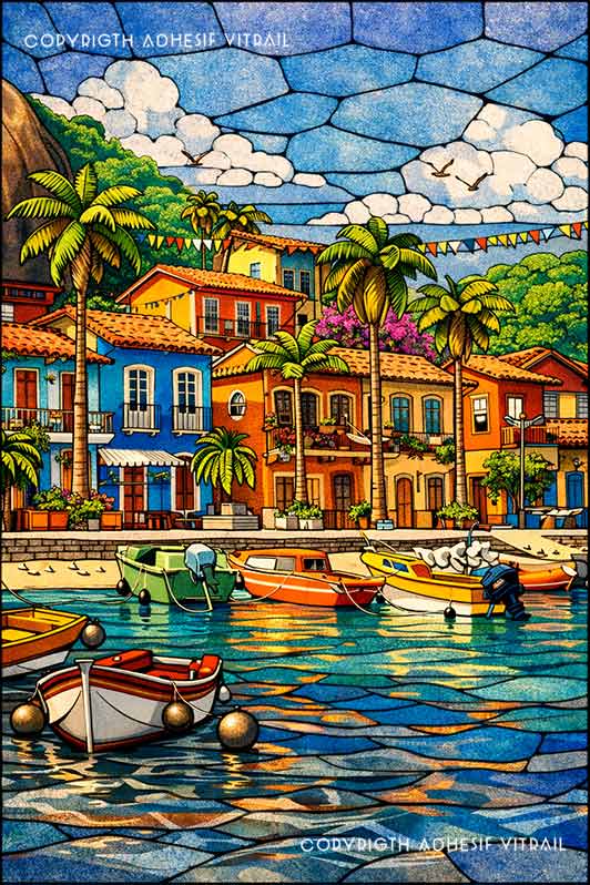 Film adhésif décoratif autocollant d’inspiration vitrail représentant un port tropical avec palmiers, maisons colorées et barques, décor voyage pour vitrage.
