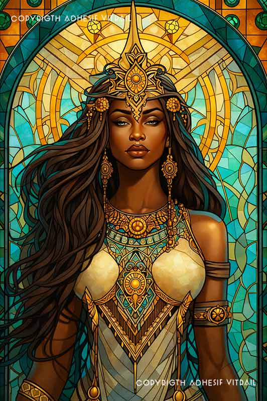 Film adhésif décoratif autocollant d’inspiration vitrail représentant une reine africaine parée de bijoux dorés, portrait artistique et lumineux pour décoration de vitrage.