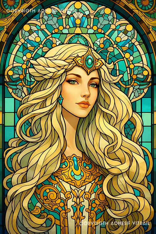 Film adhésif décoratif autocollant d’inspiration vitrail représentant une reine elfique aux cheveux blonds et ornements turquoise, décor fantasy élégant pour vitrage.