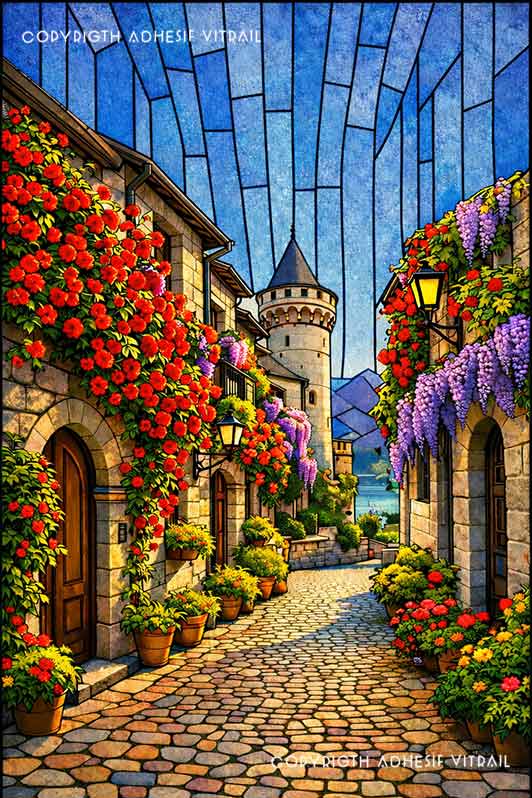 Film adhésif décoratif autocollant d’inspiration vitrail représentant une ruelle fleurie avec maisons en pierre et tour, décor romantique pour vitrage.