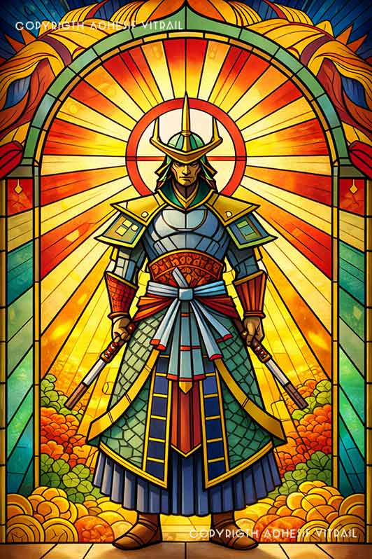 Film adhésif décoratif autocollant d’inspiration vitrail représentant un samouraï japonais en armure sous un soleil rayonnant, décor asiatique graphique pour vitrage.