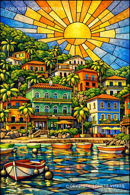 Film adhésif décoratif autocollant d’inspiration vitrail représentant un village en colline sous un grand soleil, décor méditerranéen lumineux pour vitrage.