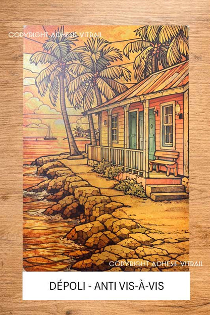 Adhésif vitrail CARAIBES MAISON CREOLE BORD DE MER