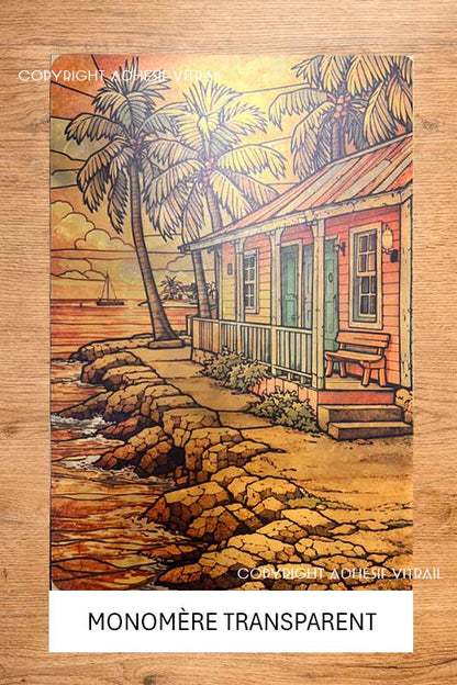 Adhésif vitrail CARAIBES MAISON CREOLE BORD DE MER