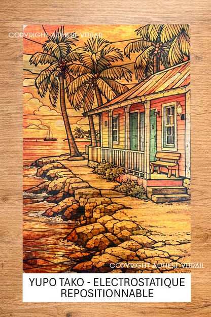 Adhésif vitrail CARAIBES MAISON CREOLE BORD DE MER