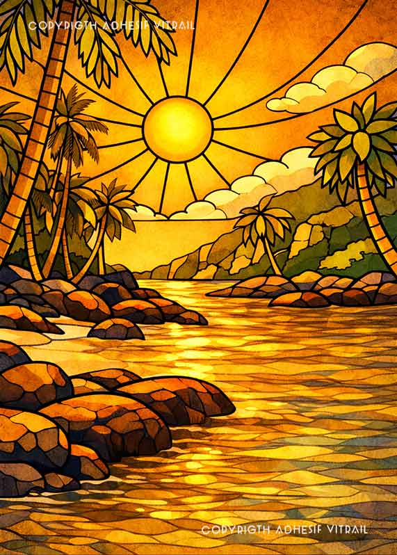 Adhésif vitrail décoratif représentant une anse tropicale avec rochers et palmiers, ambiance dorée chaleureuse et exotique.