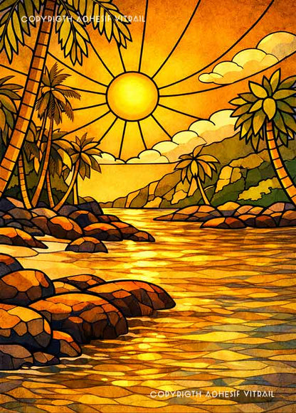 Adhésif vitrail décoratif représentant une anse tropicale avec rochers et palmiers, ambiance dorée chaleureuse et exotique.