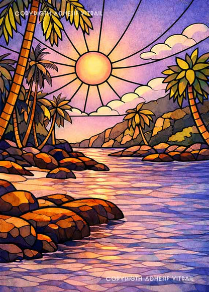 Adhésif vitrail décoratif représentant une anse tropicale avec rochers et palmiers, ambiance lune violette et apaisante.