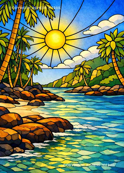 Adhésif vitrail décoratif représentant une anse tropicale avec rochers et palmiers, ambiance soleil lumineuse et eau turquoise.