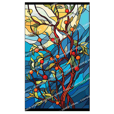 Adhésif vitrail autocollant arbre graphique aux branches colorées sur fond bleu, film décoratif effet vitrail pour vitre
