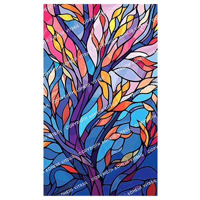 Adhésif vitrail autocollant arbre abstrait aux tons bleus et violets, vitrail décoratif pour vitrage