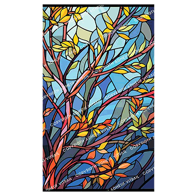Adhésif vitrail autocollant arbre aux branches fines et colorées, effet vitrail décoratif
