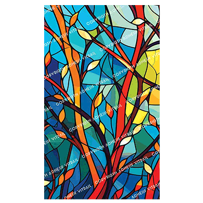 Film adhésif effet vitrail représentant un arbre graphique aux branches entrelacées et couleurs vives, décoration artistique pour vitre