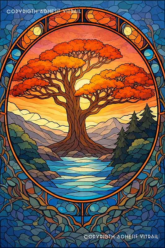 Film adhésif décoratif autocollant d’inspiration vitrail arbre de vie aux couleurs automnales avec rivière et montagnes en arrière-plan.