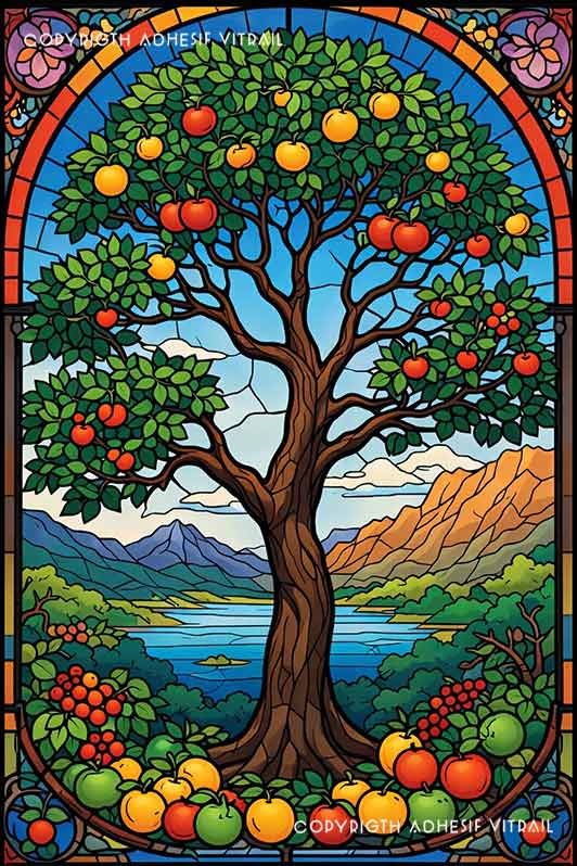 Film adhésif décoratif autocollant d’inspiration vitrail arbre fruitier avec pommes colorées, paysage de lac et montagnes en arrière-plan lumineux.