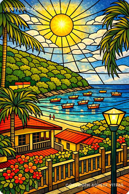 Film adhésif pour vitre effet vitrail représentant une baie tropicale ensoleillée avec mer turquoise, palmiers et village coloré