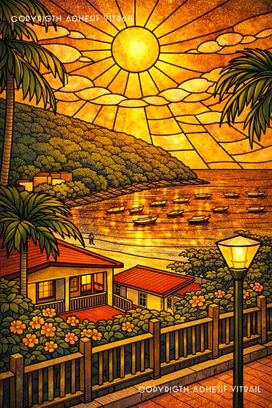Film adhésif pour fenêtre effet vitrail représentant une baie tropicale au coucher de soleil avec mer, palmiers et village exotique
