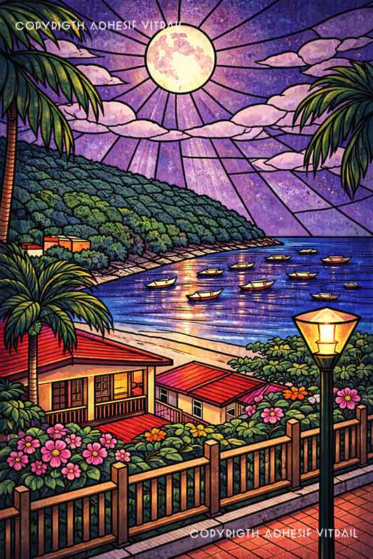 Film adhésif pour vitre effet vitrail représentant une baie tropicale de nuit avec lune, mer, palmiers et village illuminé