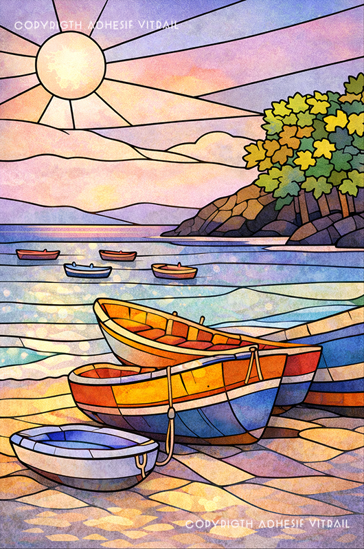 Adhésif vitrail décoratif représentant des barques de pêche sur une plage tropicale des Caraïbes, ambiance lune violette.