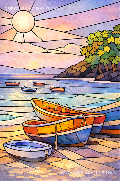 Adhésif vitrail décoratif représentant des barques de pêche sur une plage tropicale des Caraïbes, ambiance lune violette.
