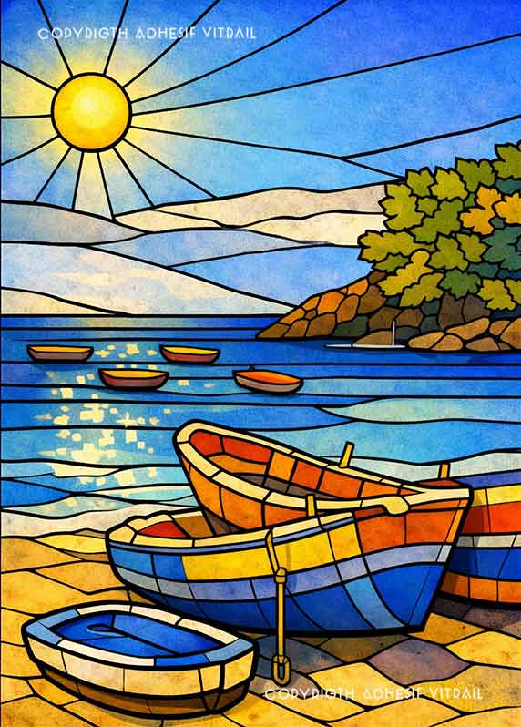 Adhésif vitrail décoratif représentant des barques de pêche sur une plage tropicale des Caraïbes, ambiance soleil lumineuse.