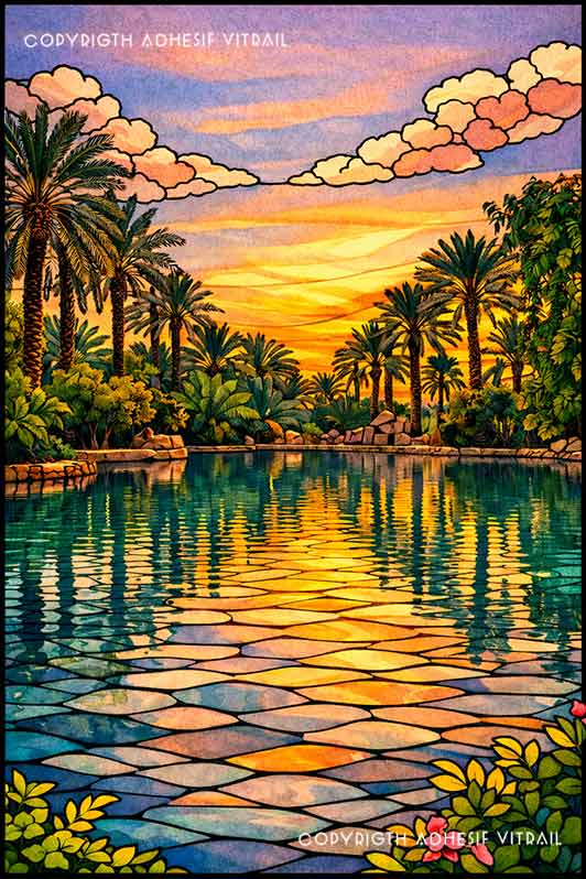 Film adhésif décoratif autocollant d’inspiration vitrail représentant un bassin tropical entouré de palmiers au coucher du soleil.