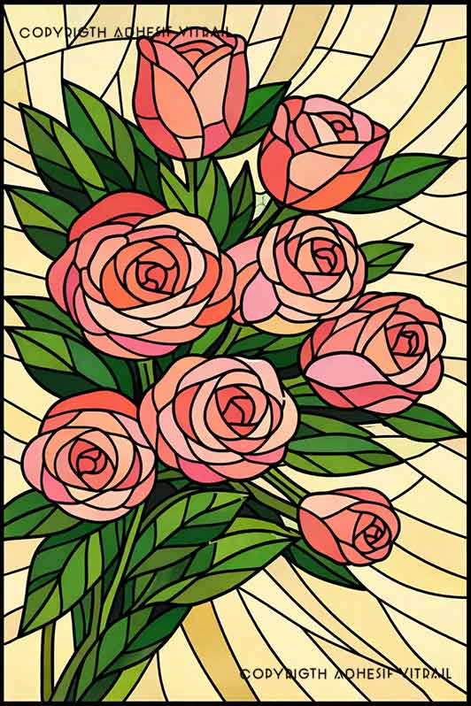 Adhésif vitrail bouquet de roses – décor floral romantique