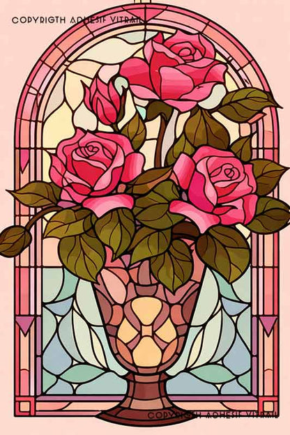 Film adhésif décoratif autocollant d’inspiration vitrail avec bouquet de roses roses en vase, style art nouveau pour fenêtre.