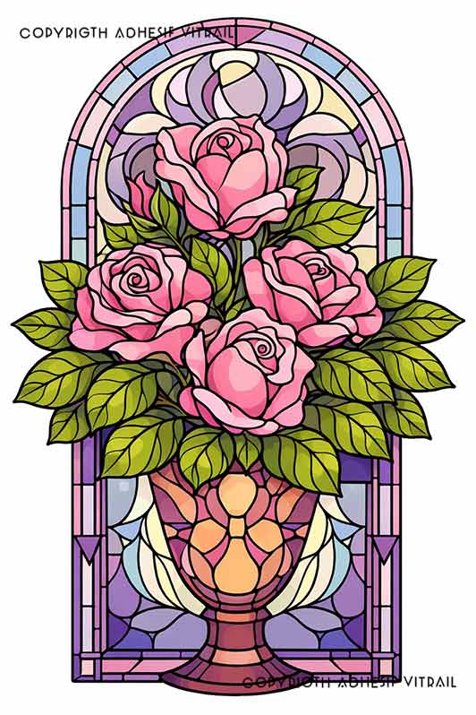 Film adhésif décoratif autocollant d’inspiration vitrail avec bouquet de roses roses en vase, style art nouveau pour vitrage.