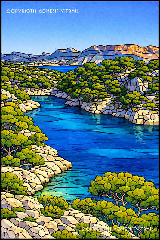 Film adhésif décoratif autocollant d’inspiration vitrail représentant des calanques aux falaises rocheuses plongeant dans une mer turquoise.