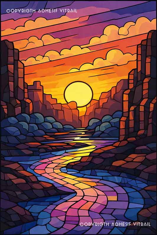 Film adhésif décoratif autocollant d’inspiration vitrail paysage canyon au coucher de soleil avec rivière colorée et reflets lumineux.