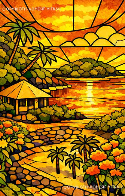 Adhésif vitrail décoratif représentant un carbet face à un îlet tropical des Caraïbes, ambiance dorée chaleureuse, décoration exotique pour fenêtre.