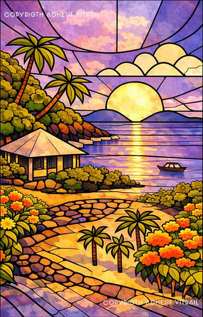 Adhésif vitrail décoratif représentant un carbet face à un îlet tropical des Caraïbes, ambiance lune violette, décoration tropicale pour fenêtre.