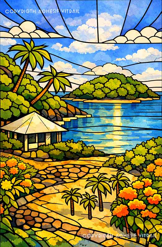 Adhésif vitrail décoratif représentant un carbet face à un îlet tropical des Caraïbes, ambiance soleil lumineuse, décoration voyage pour fenêtre.
