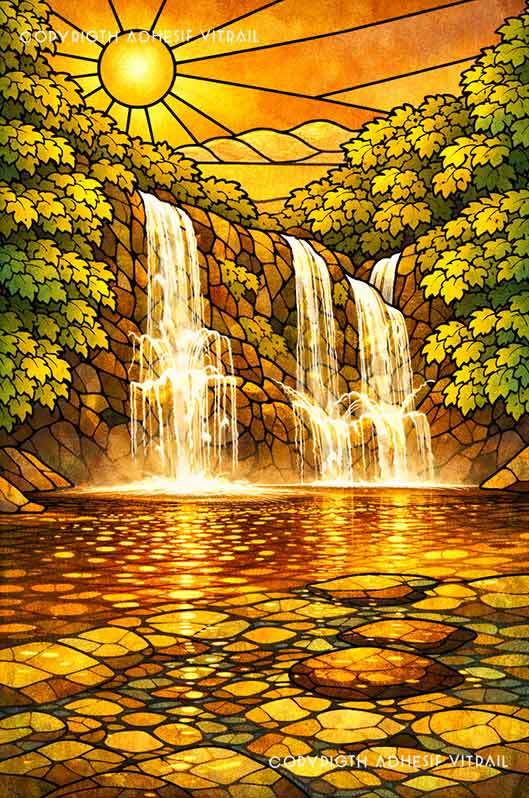 Adhésif vitrail décoratif représentant une cascade tropicale des Caraïbes, ambiance dorée chaleureuse, décoration exotique et voyage pour fenêtre.