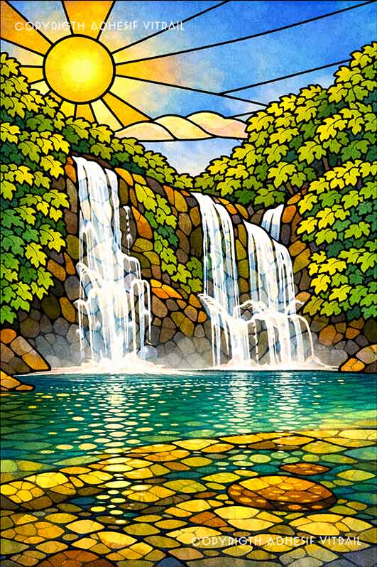 Adhésif vitrail décoratif représentant une cascade tropicale des Caraïbes, ambiance soleil lumineuse, décoration nature et voyage pour fenêtre.