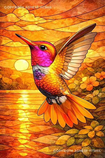 Adhésif vitrail décoratif représentant un colibri tropical des Caraïbes parmi des fleurs exotiques, ambiance dorée et chaleureuse, décoration tropicale esprit voyage pour fenêtre.