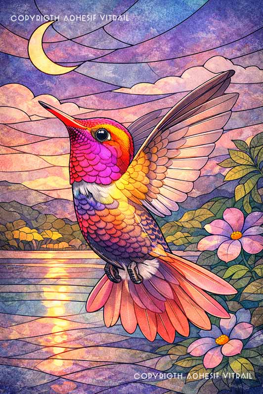 Adhésif vitrail décoratif représentant un colibri tropical des Caraïbes parmi des fleurs exotiques, ambiance onirique violette, décoration tropicale et voyage pour fenêtre.