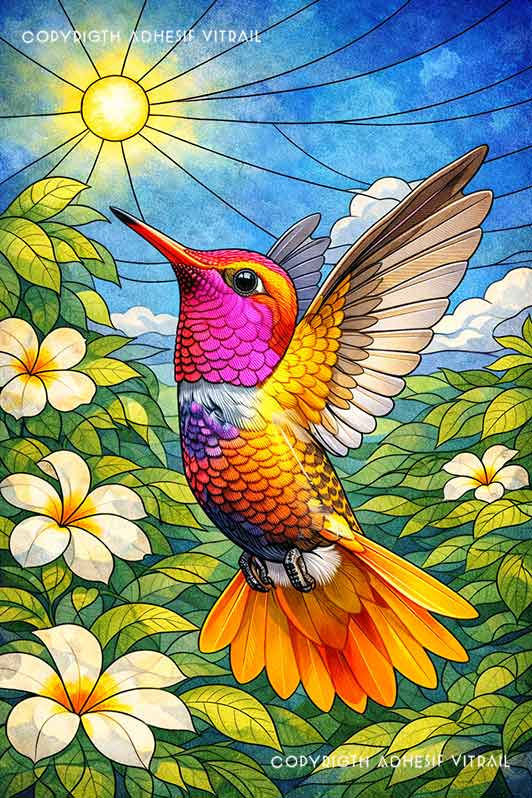 Adhésif vitrail décoratif représentant un colibri tropical des Caraïbes parmi des fleurs exotiques, ambiance soleil lumineuse bleutée, décoration tropicale et voyage pour fenêtre.