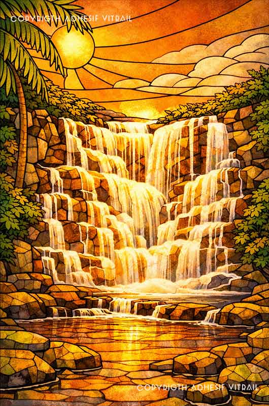Adhésif vitrail décoratif représentant une grande cascade tropicale des Caraïbes, ambiance dorée chaleureuse, décoration exotique et voyage pour fenêtre.
