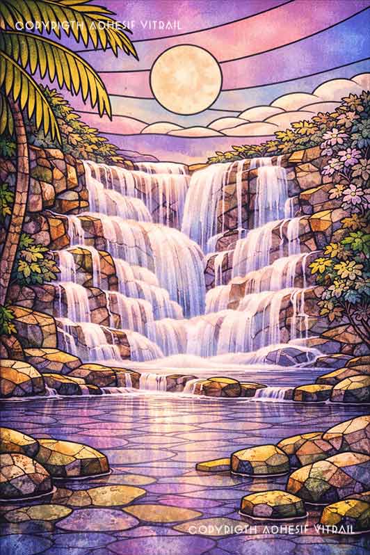 Adhésif vitrail décoratif représentant une grande cascade tropicale des Caraïbes, ambiance lune violette, décoration apaisante et tropicale pour fenêtre.