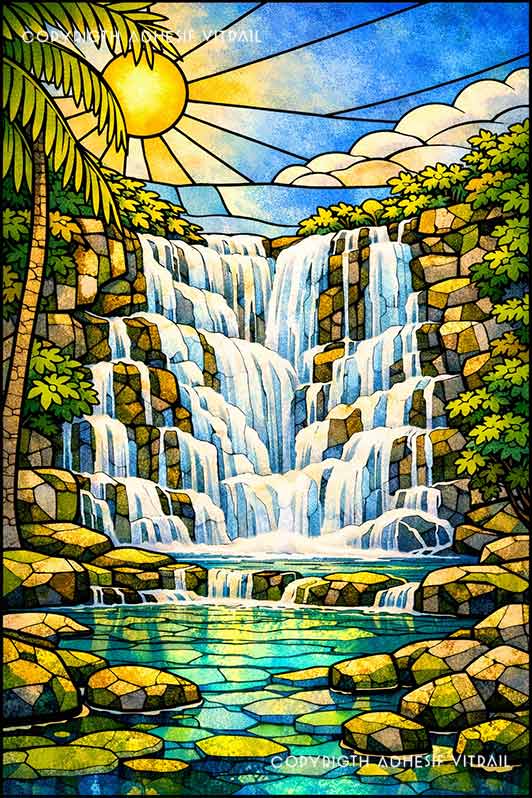 Adhésif vitrail décoratif représentant une grande cascade tropicale des Caraïbes, ambiance soleil lumineuse, décoration nature et voyage pour fenêtre.