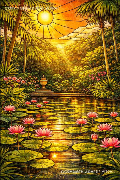 Adhésif vitrail décoratif représentant un jardin tropical des Caraïbes avec bassin de lotus, ambiance dorée chaleureuse, décoration exotique et apaisante pour fenêtre.