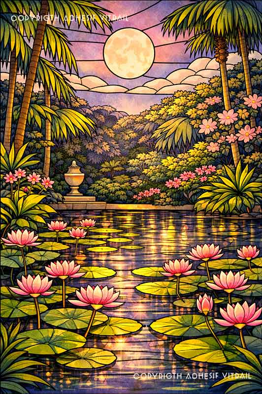 Adhésif vitrail décoratif représentant un jardin tropical des Caraïbes avec bassin de lotus, ambiance lune violette, décoration zen et relaxante pour fenêtre.