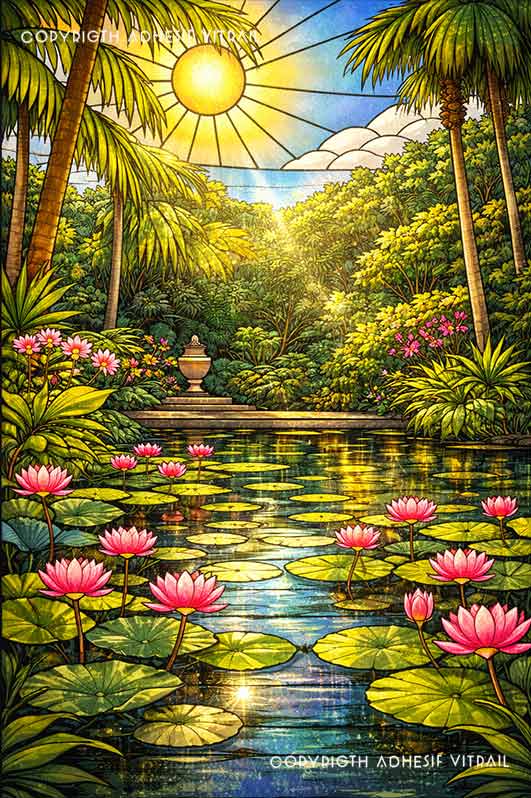 Adhésif vitrail décoratif représentant un jardin tropical des Caraïbes avec bassin de lotus, ambiance soleil lumineuse, décoration zen et nature pour fenêtre.