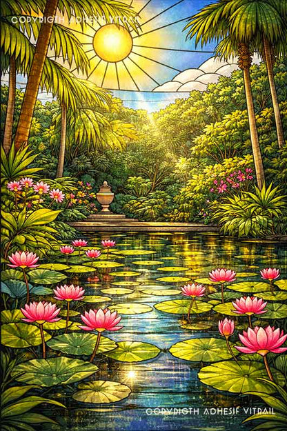 Adhésif vitrail décoratif représentant un jardin tropical des Caraïbes avec bassin de lotus, ambiance soleil lumineuse, décoration zen et nature pour fenêtre.
