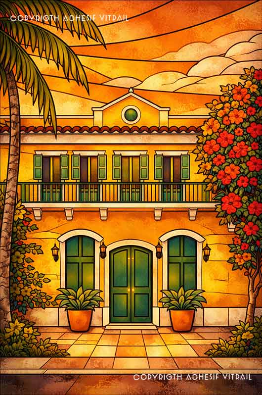 Adhésif vitrail maison créole tropicale baignée de lumière dorée au coucher du soleil